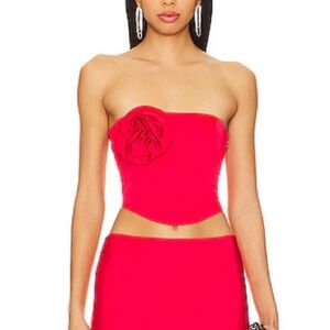 NBD Chiara Strapless Rose Appliqué Crop Top in Red